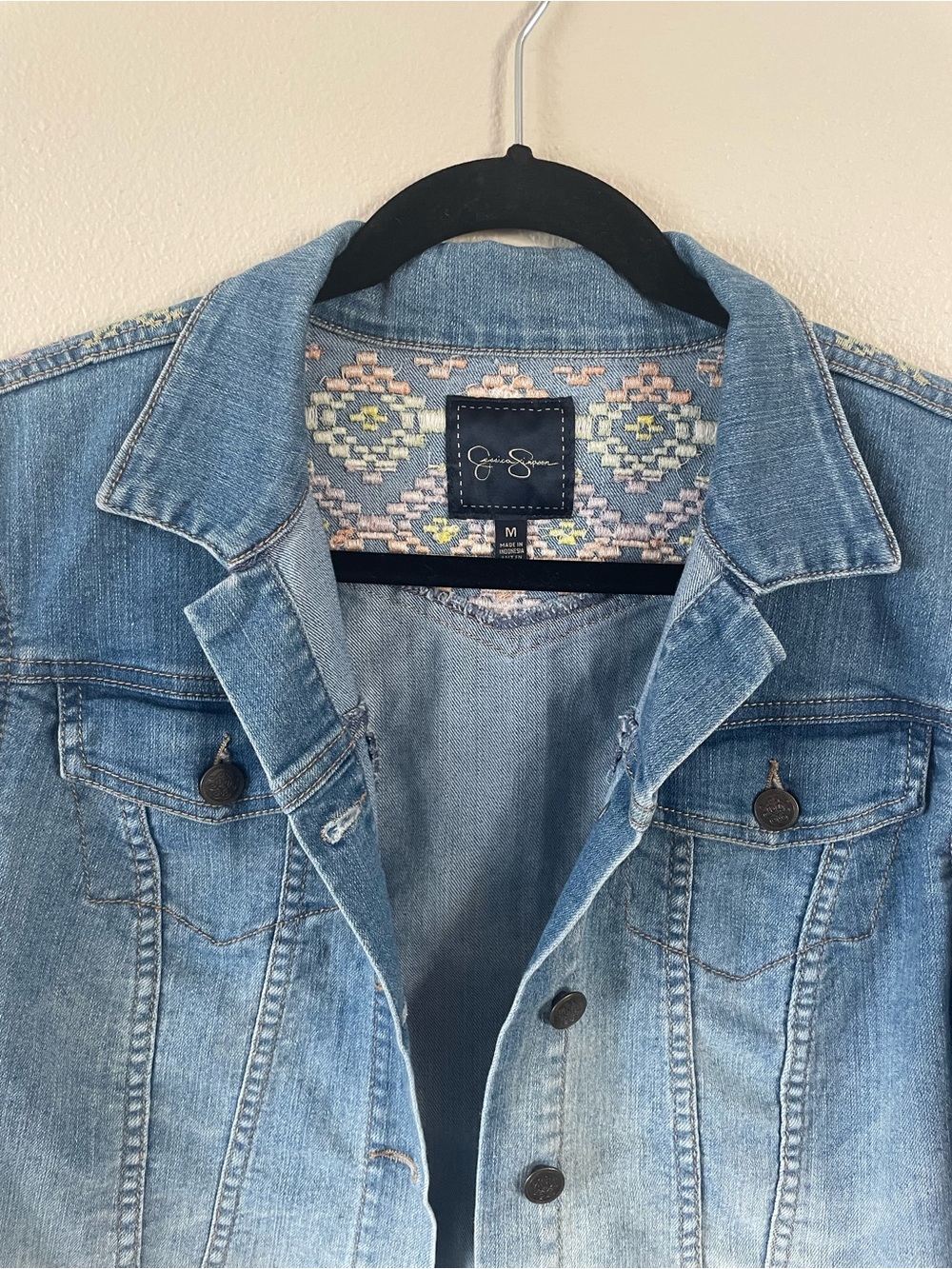 Jessica Simpson Light Blue Denim Jacket with Pastel Embroidered Pattern